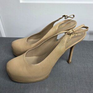 YSL Yves Saint Laurent Beige Leather Tribtoo 80 Slingback Heels EU 39 with COA